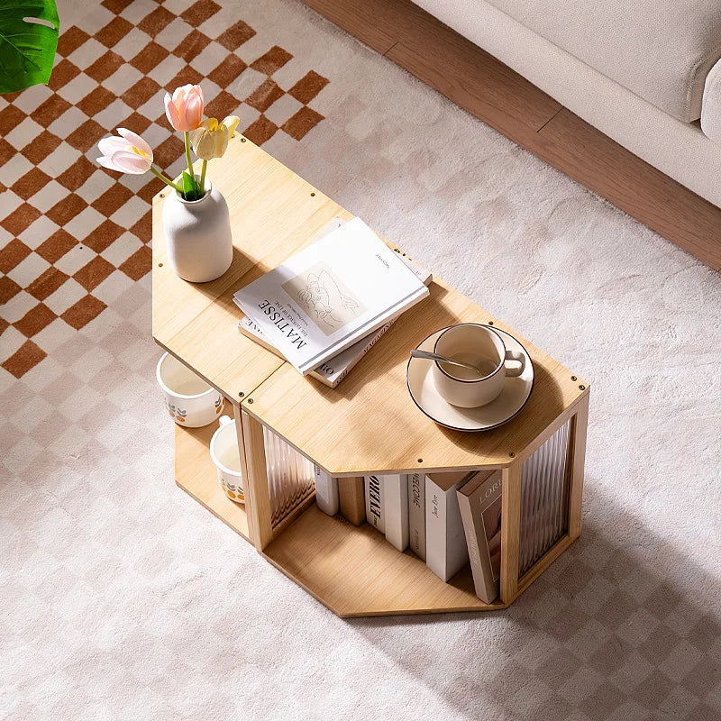 Rattan Coffee Table with Fluted Glass, Minimalist Side Table for Small Spaces, Black Wabi-Sabi Living Room Furniture, Retro Modern
