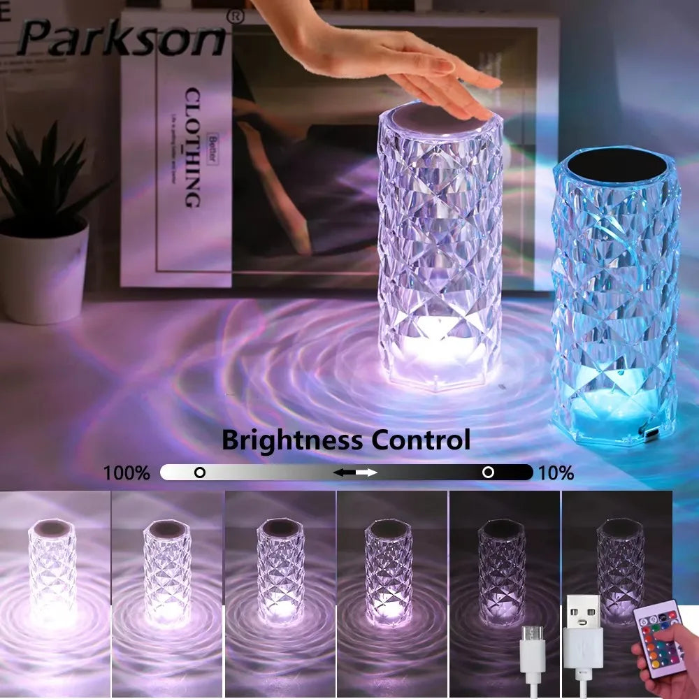 16 Colors Rose LED Crystal Lamps USB Touch Remote Diamond Table Decorate Night Light Christmas Atmosphere Rechargeable Projector