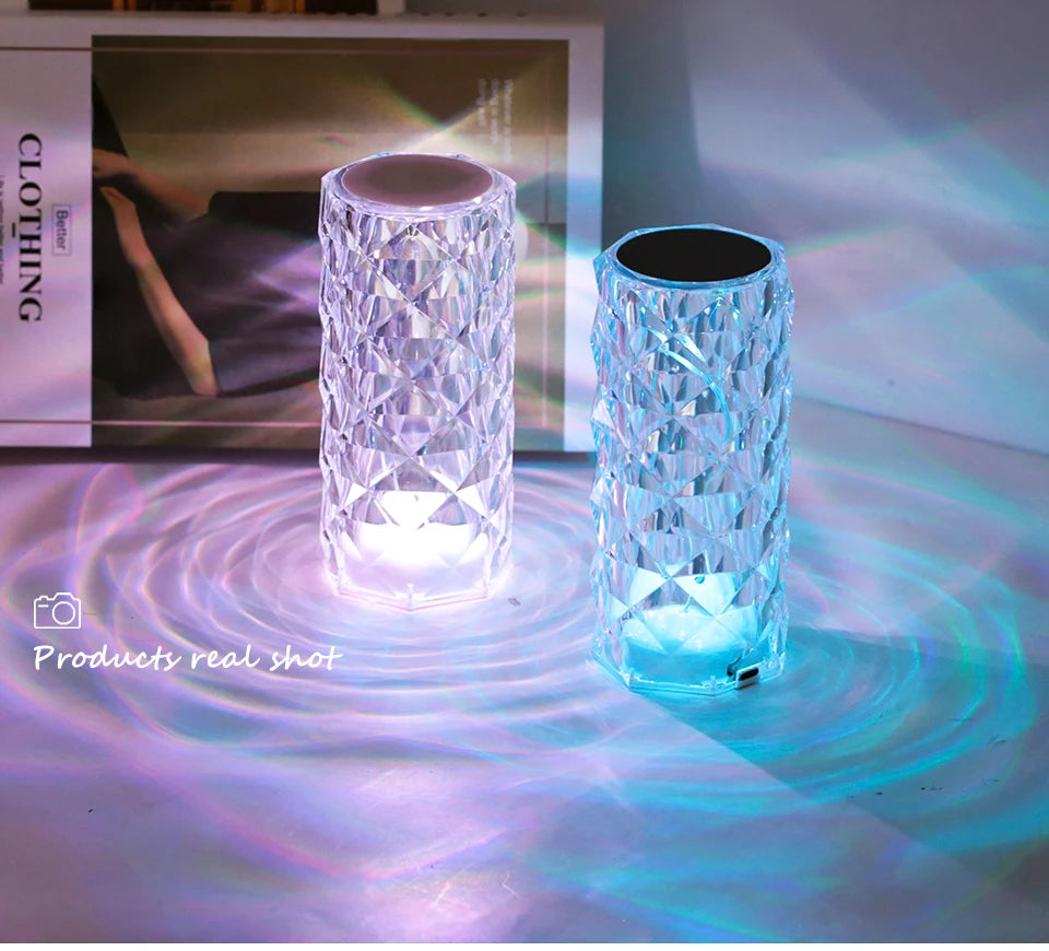 16 Colors Rose LED Crystal Lamps USB Touch Remote Diamond Table Decorate Night Light Christmas Atmosphere Rechargeable Projector