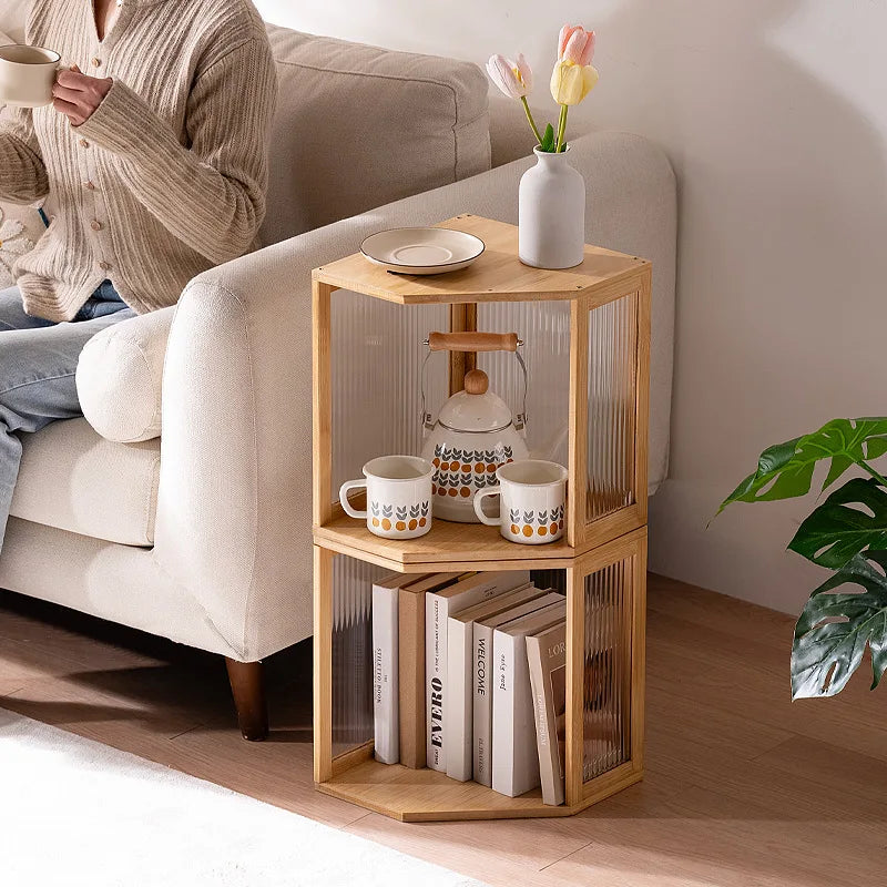 Rattan Coffee Table with Fluted Glass, Minimalist Side Table for Small Spaces, Black Wabi-Sabi Living Room Furniture, Retro Modern