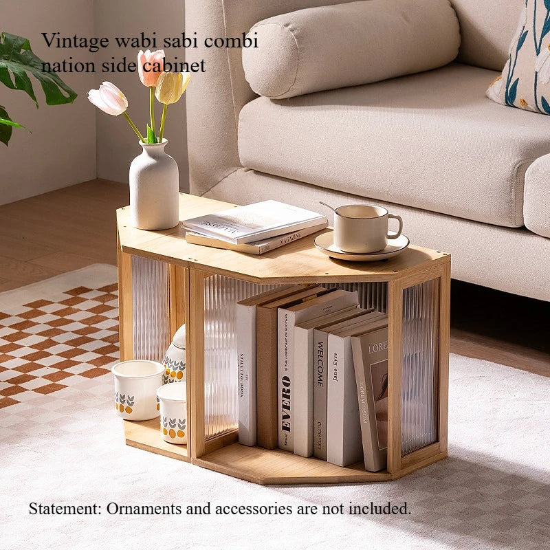 Rattan Coffee Table with Fluted Glass, Minimalist Side Table for Small Spaces, Black Wabi-Sabi Living Room Furniture, Retro Modern