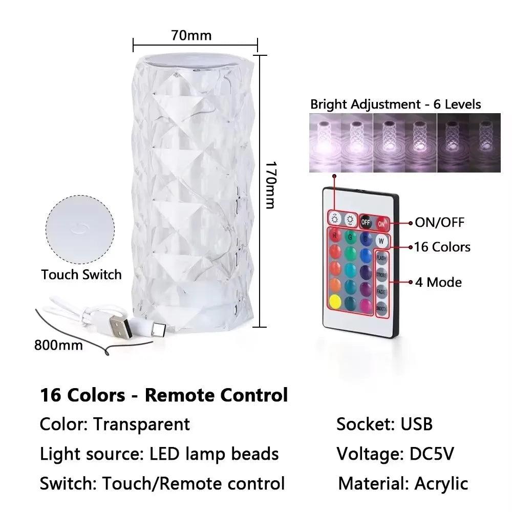 16 Colors Rose LED Crystal Lamps USB Touch Remote Diamond Table Decorate Night Light Christmas Atmosphere Rechargeable Projector